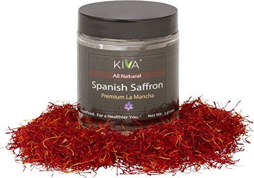 Azafrán español Kiva Premium (3 gramos) - Calidad superior de grado A + | Roscas de azafrán completas para paella, risotto de azafrán, arroz, té, postres | Sin OMG | Sin aditivos | Frasco de vidrio de 3 gramos