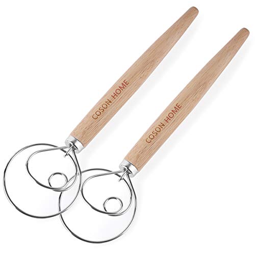 Danish Dough Whisk Dutch Bread Whisk Hook Mezclador de mano de madera Herramientas para hornear pan para pastelería Pizza Pastelería Alimentos Galletas Herramientas de utensilios de cocina Anillo de acero inoxidable 13.5 pulgadas 0.22 lb / piezas, Paquete de 2
