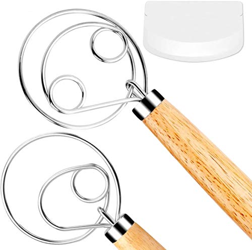 FUANRTK Danish Dough Whisk Bread Mixer, 2 Pack Premium Stainless Steel Dutch Whisk con un raspador de masa para pan, pastelería o masa de pizza - Perfect Baking