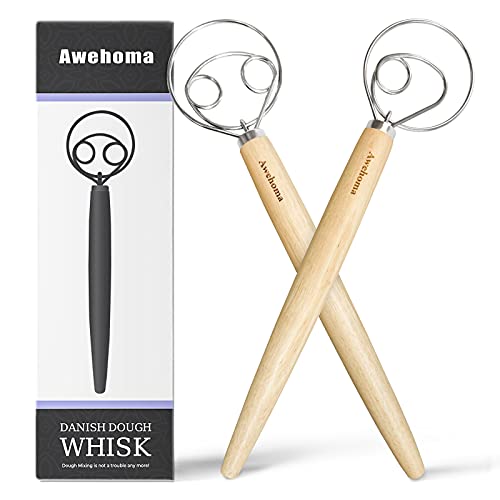 Mezclador de mano grande Awehoma Danish Dough Whisk - 2 Pack Batidor grande de acero inoxidable y madera de 13