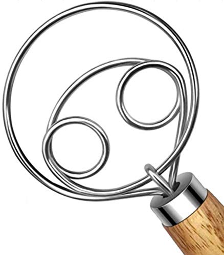 TEEVEA Danish Dough Whisk Acero inoxidable Estilo holandés Pan Duro Mezclador de manos Mango de madera Cocina Herramientas para hornear Licuadora artesiana, Batidor de masa, Batidor de masa