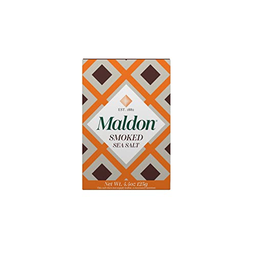 Sal de Maldon, escamas de sal marina ahumada, 4,4 oz (125 g), kosher, natural, ahumado suavemente sobre el roble, artesanales, gourmet, cristales piramidales
