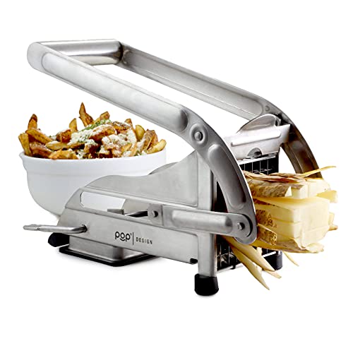 POP AirFry Mate, acero inoxidable French Fry Cutter, comercialmente Grado Vegetales y Cortadora de Papa, incluye 2 Opciones de cortador de tamaño de hoja y base de succión antideslizante, perfecto para la preparación de alimentos con freidora de aire