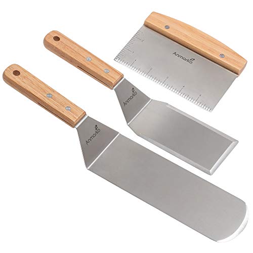 Juego de espátulas de metal profesional - Espátula de acero inoxidable y rascador de plancha - Accesorios de plancha pesada para la parrilla de hierro fundido Parrilla plana para barbacoa - Grado comercial