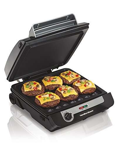 Hamilton Beach 3 -en- 1 Parrilla interior y combo de plancha eléctrica y cocina de tocino, abre 180 grados al doble espacio de cocción, rejillas antiadherentes extraíbles (25600)