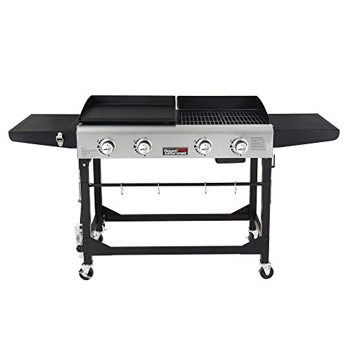 Royal Gourmet GD401 Grilla de gas de propano portátil y combo de plancha con mesa lateral | 4 -Quemador, patas plegables, versátil, exterior | Negro