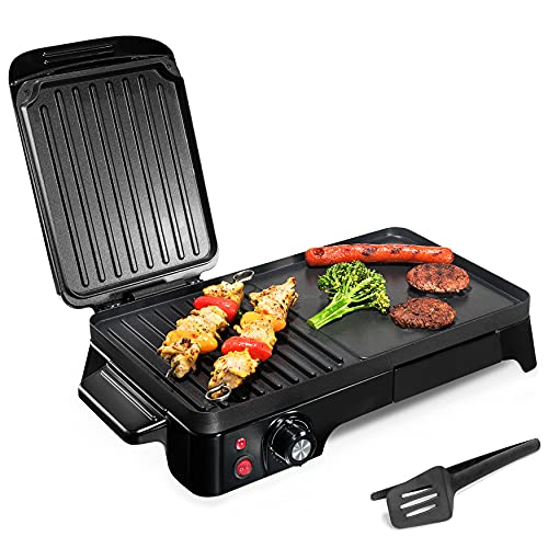 2 -en- 1 Panini Press Grill Gourmet Sandwich Maker & Griddle, Recubrimiento antiadherente, Control de temperatura, Bandeja de aceite, Bandeja de goteo extraíble para encimera 1500W - NutriChef
