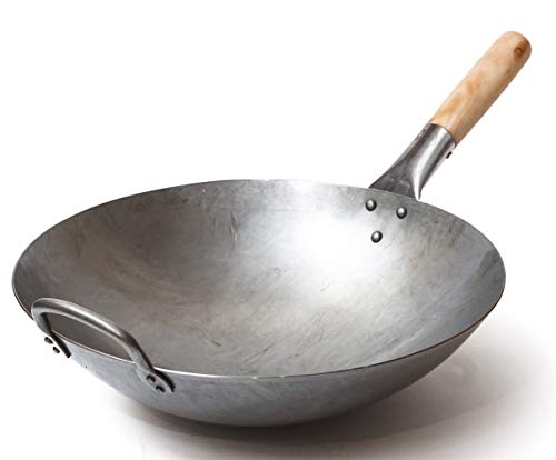 Craft Wok Acero de carbono martillado a mano tradicional Pow Wok con mango de ayuda de madera y acero (14 pulgadas, fondo redondo) / 731W88