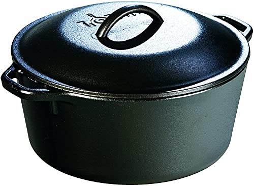 Lodge 5 Horno holandés de hierro fundido en cuarto. Olla pre-sazonada con tapa y mango de doble bucle