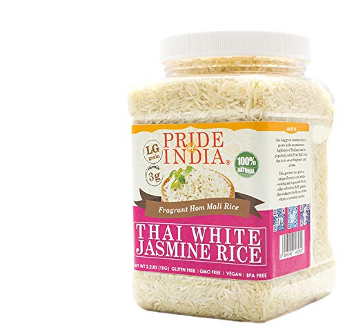 Orgullo de la India - Arroz de jazmín blanco tailandés - Arroz de Hom Mali fragante, frasco de 3.3 libras (1.5 kilo) (2.2 libras + extra 50 % gratis = 3.3 libras en total)